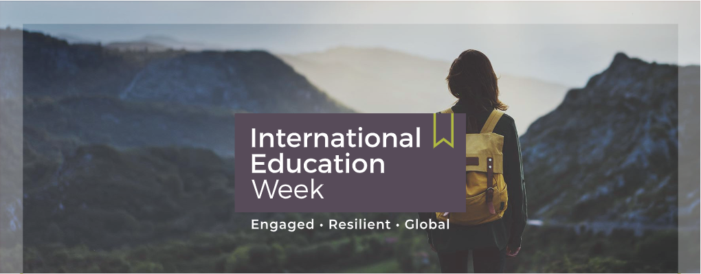 IEW logo: Engaged, Resilient, Global. Person with backpack viewing landscape