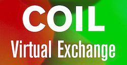 A graphic with a gradient background transitioning from red to green, with large white text in the center that reads "COIL", and below it, in smaller font, is "Virtual Exchange".