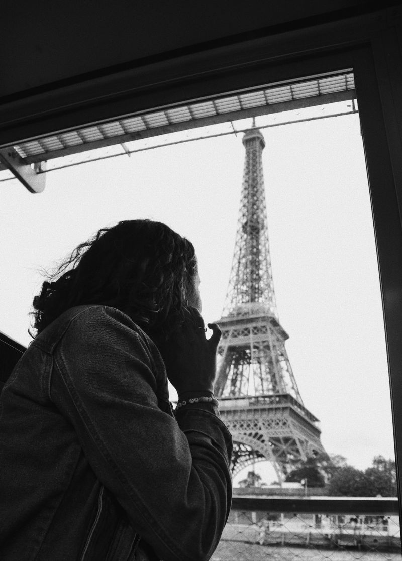 "Perspective" Photo by Rita Ruiz. Student profile looking at Eiffel Tower